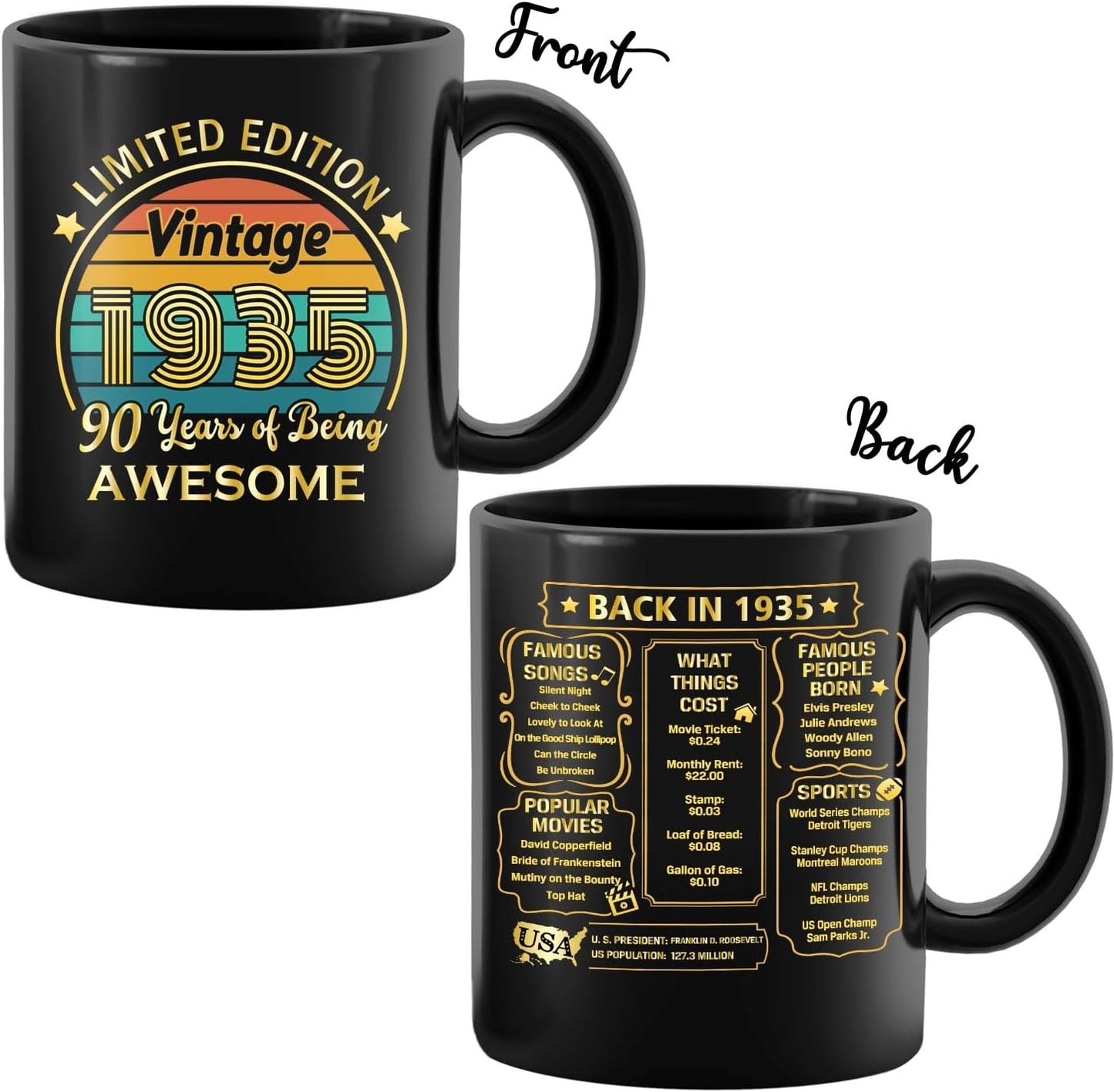 QUPT 90th Birthday Gifts for Women Men, 90th Birthday Gifts for Him, 1935 Birthday Gifts for Women Men, 90 Years Old Gifts, 1935 Birthday Gifts for Her Him, 90th Birthday Presents Coffee Mug