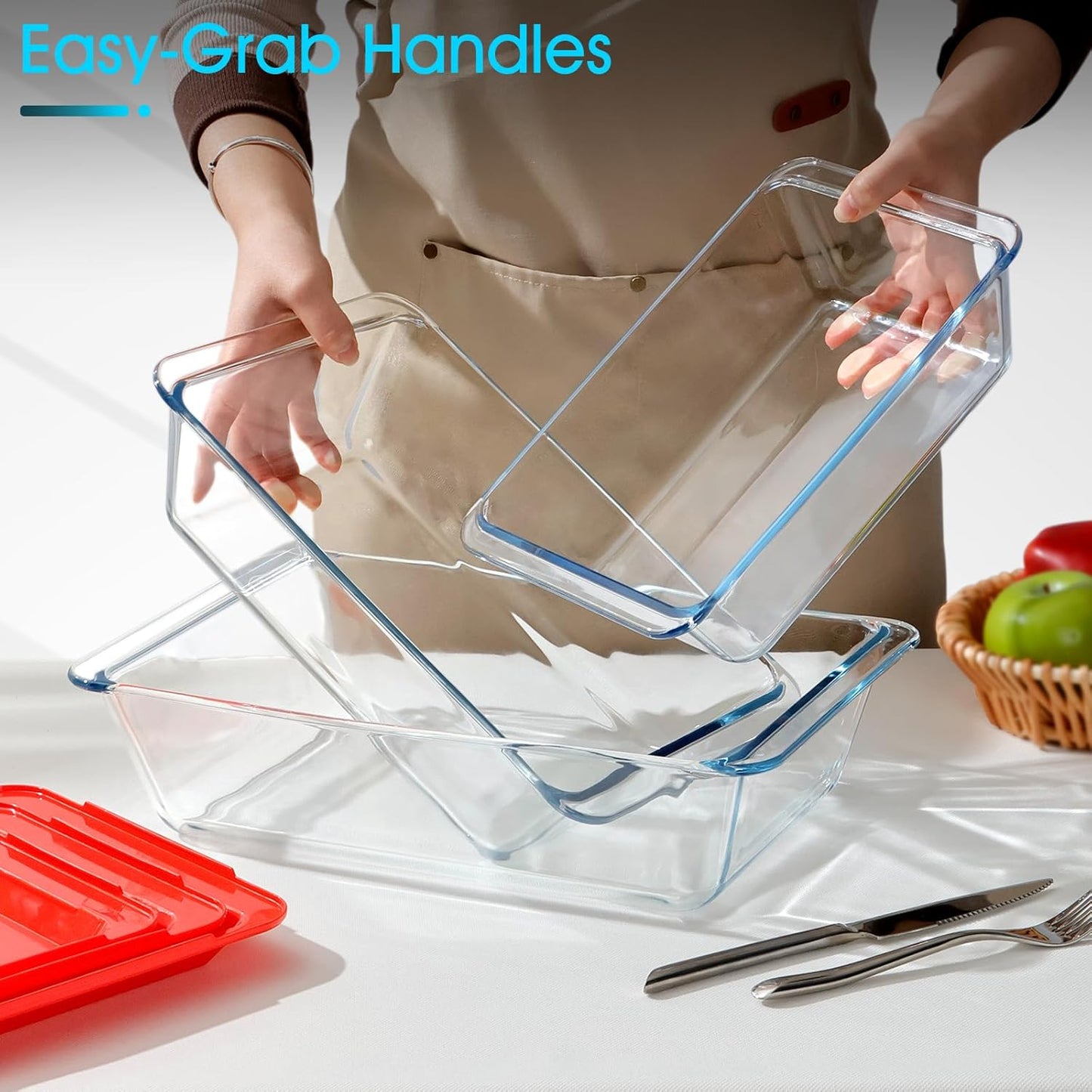 NUTRIUPS 6-Piece Deep Glass Baking Dish with Plastic Lids, 2.4+3.7+5.7Qt Deep Baking Pans for Lasagna Leftovers, Rectangular Glass Bakeware for Oven