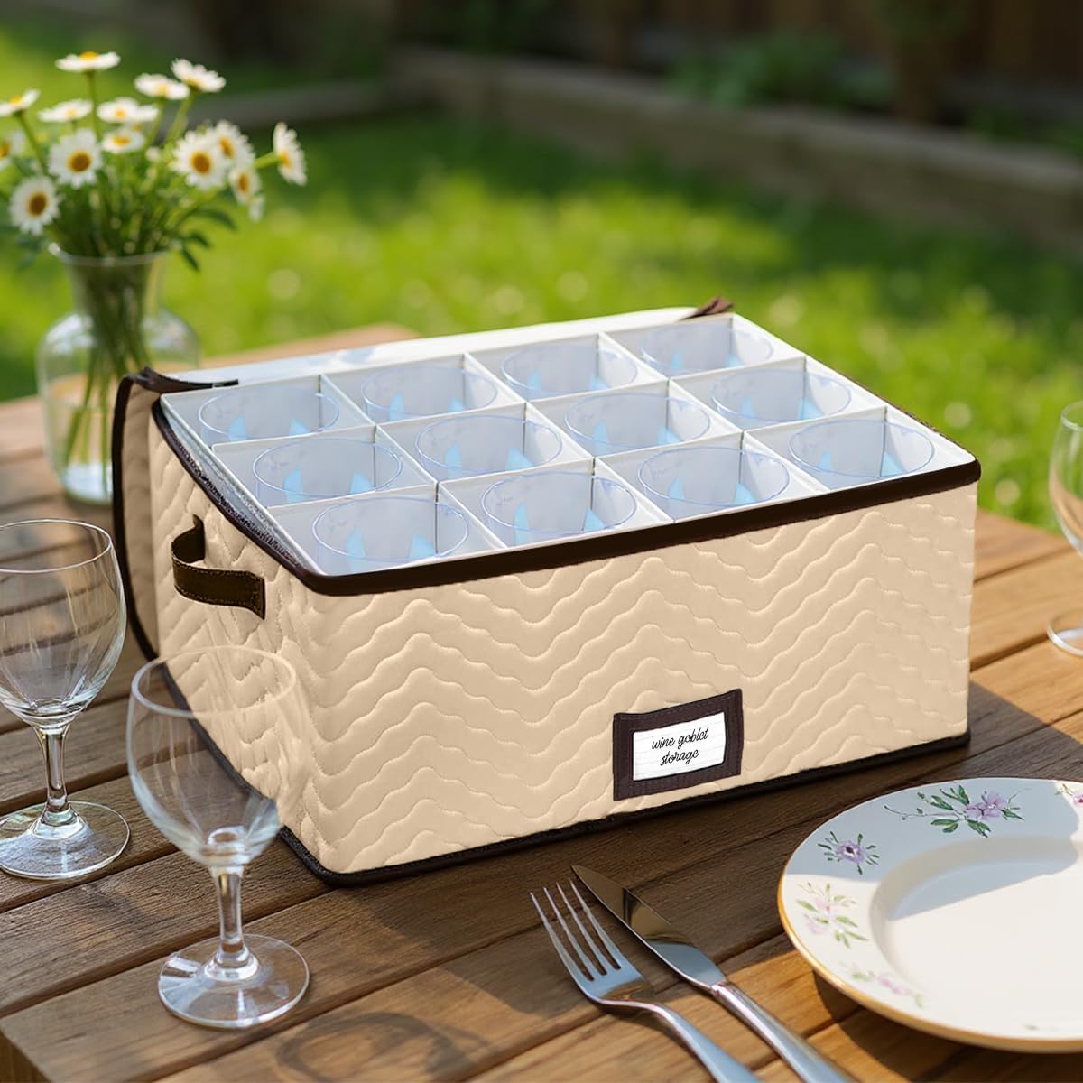 Wine Glass Storage Boxes with Dividers - Each Holds 12 Glasses up to 4.25" Wide - Quilted Microfiber Case with Handles - Protects Stemware & Fine China - Ideal for Red Wine