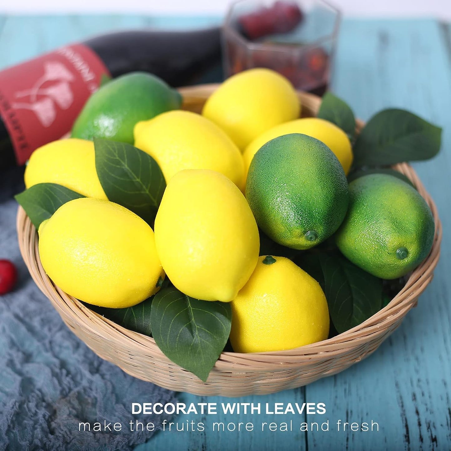 Fake Fruit Artificial Lemons, 3.1''×2.2'' Faux Lemon Fake Limes with Leaves, Lifelike Fake Lemon Decor for Kitchen Table Cabinet Party, Plastic Fruits Photography Prop 36PCS