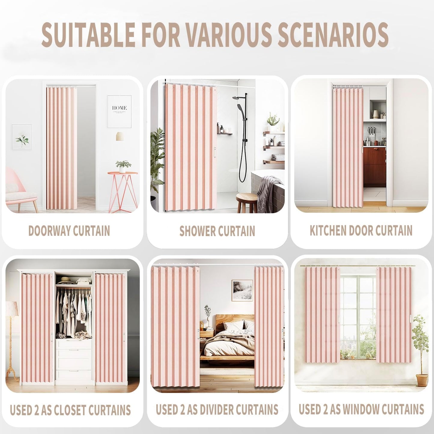 Vatge Doorway Curtains Accordion Pink Curtains for Girls' Room Door, Closet Doors Curtain, 80 Inch Long Privacy Curtains for Room Divider and Open Closet, 1 Panel with Tieback, W39 x L78, Pink