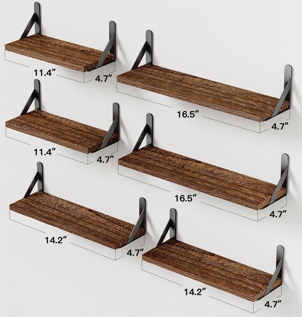 AMADA HOMEFURNISHING Wall Shelves Set of 6, Rustic Farmhouse Floating Shelves for Bedroom, Bathroom & Living Room, Brown Wood