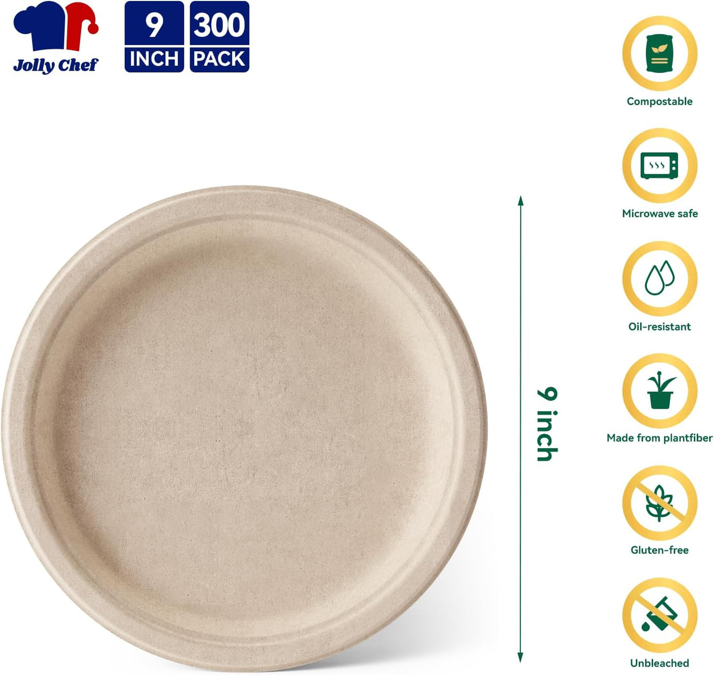JOLLY CHEF Compostable Heavy Duty Plates 9 Inch [300 Pack] Eco-Friendly Disposable Natural Paper Plates Bagasse Biodegradable Bulk for Party Dinner Sugarcane Fibers Round 300 Count(Brown)