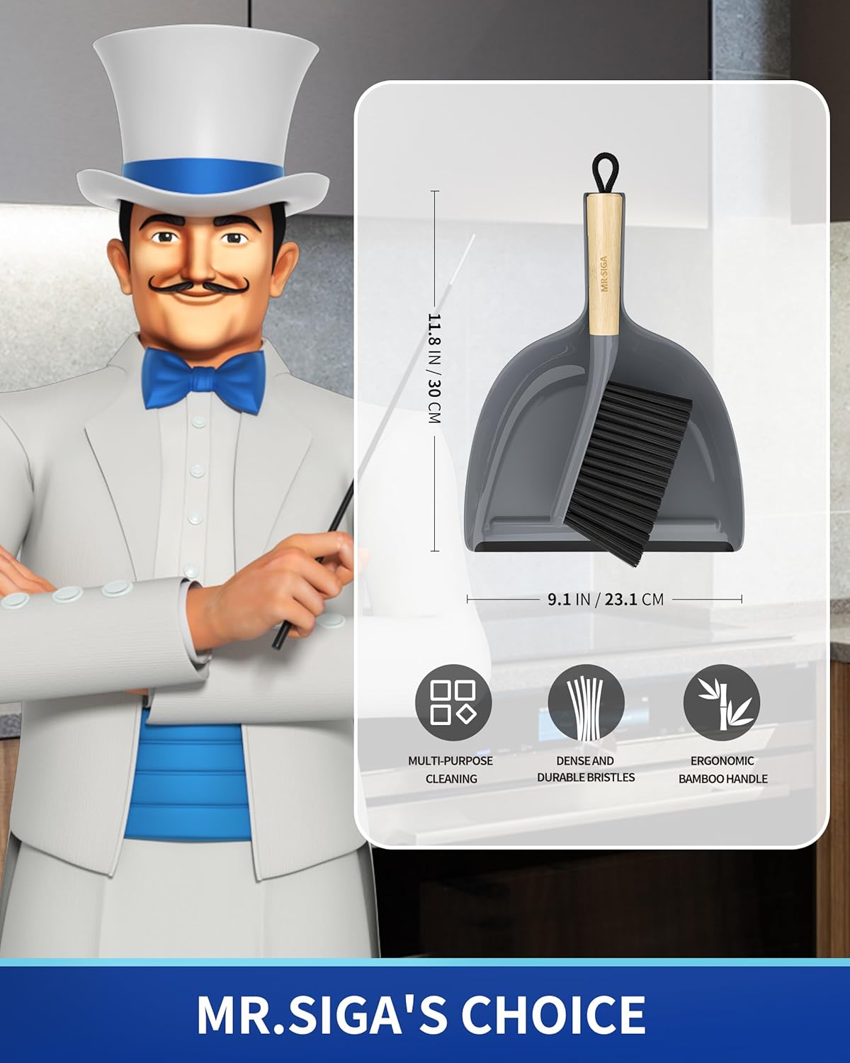 MR.SIGA Dustpan and Brush Set, Portable Cleaning Brush and Dustpan Combo with Bamboo Handle, Gray, 1 Set