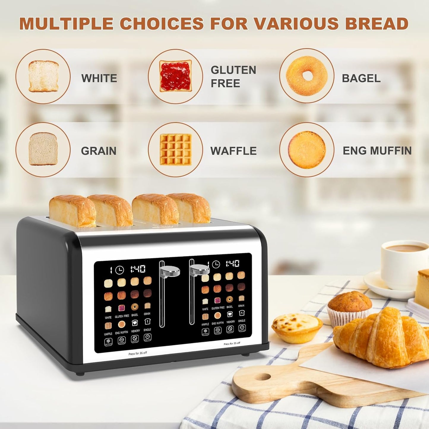 4 Slice Toaster Touch Screen, Stainless Steel Toasters Digital Timer, Dual Control Panel Toasters, 8 Shade Settings 6 Bread Types for Bagel, Cancel, Defrost 1650W Black