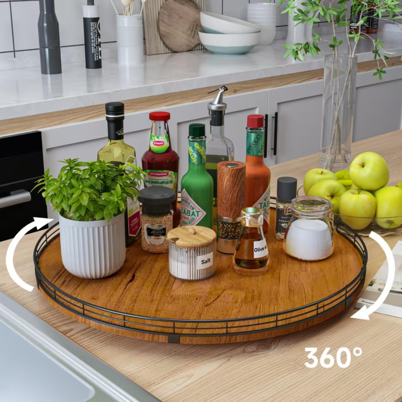 Farmhouse Oak 21" Lazy Susan Turntable Organizer for Cabinet, Round Wooden Lazy Susan Organization and Storage for Dining Table, Pantry, Kitchen, Countertop, Cupboard,Home Decor, Walnut (21)