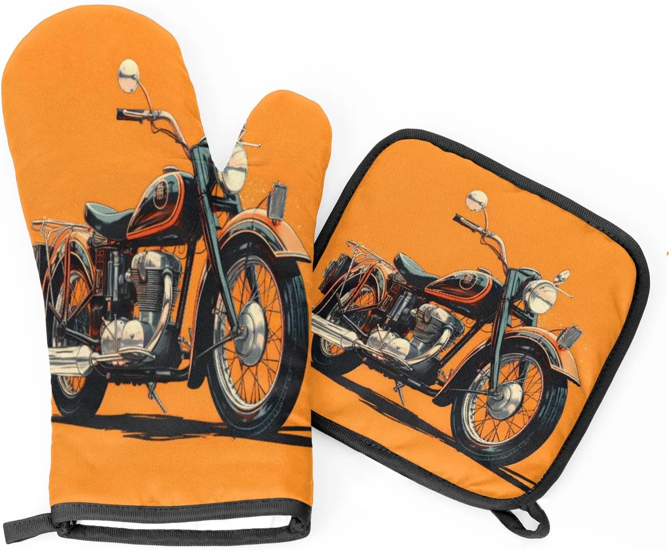 Motorcycle Theme Oven Mitts and Pot Holders Sets, 2 Pcs Decorative Kitchen Oven Glove for Cooking