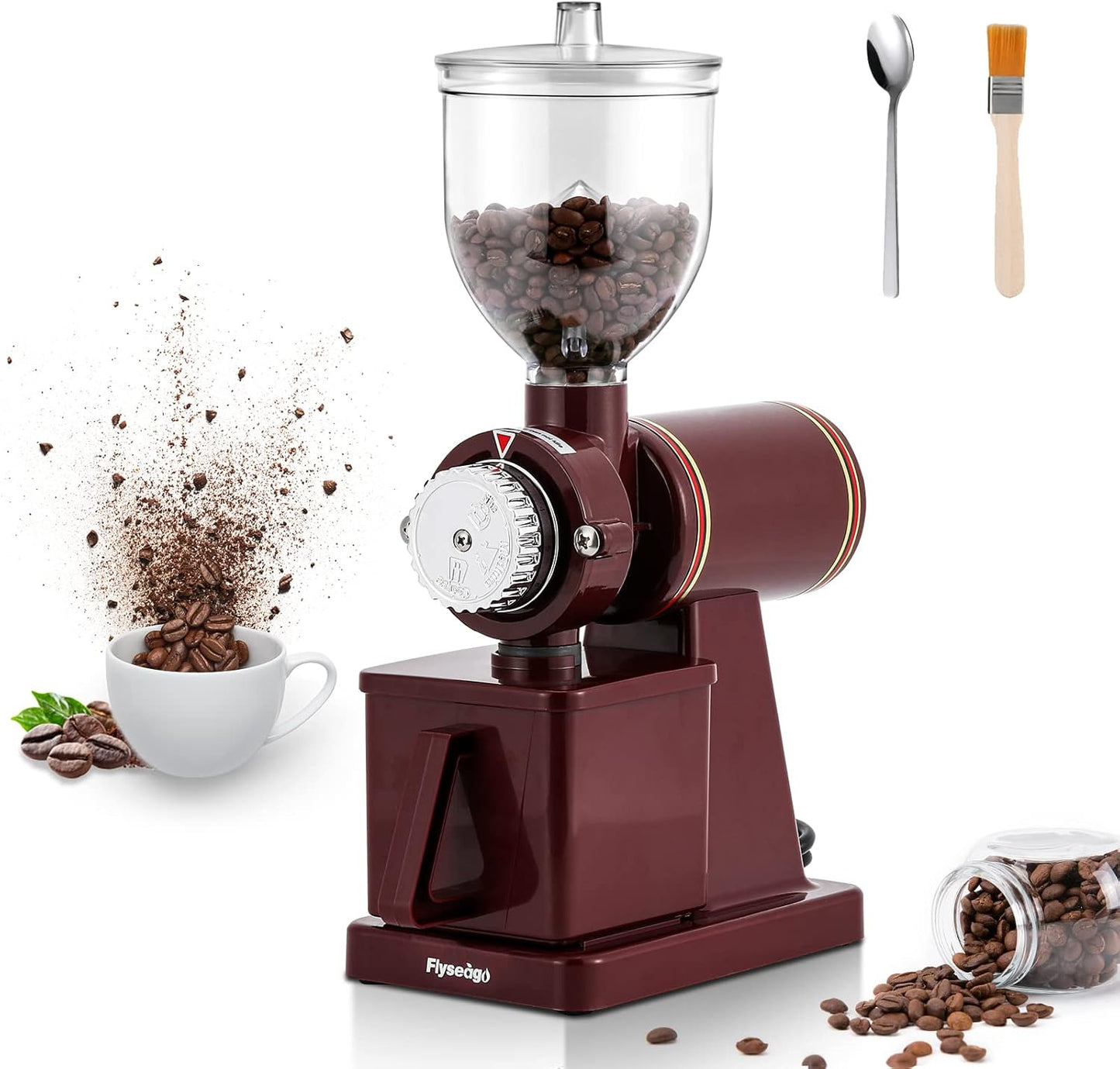 Burr Coffee Grinder - Electric Espresso Grinder for Home & Commercial Use, Silent, Adjustable Grind, With Hopper, Brush, Spoon, Red