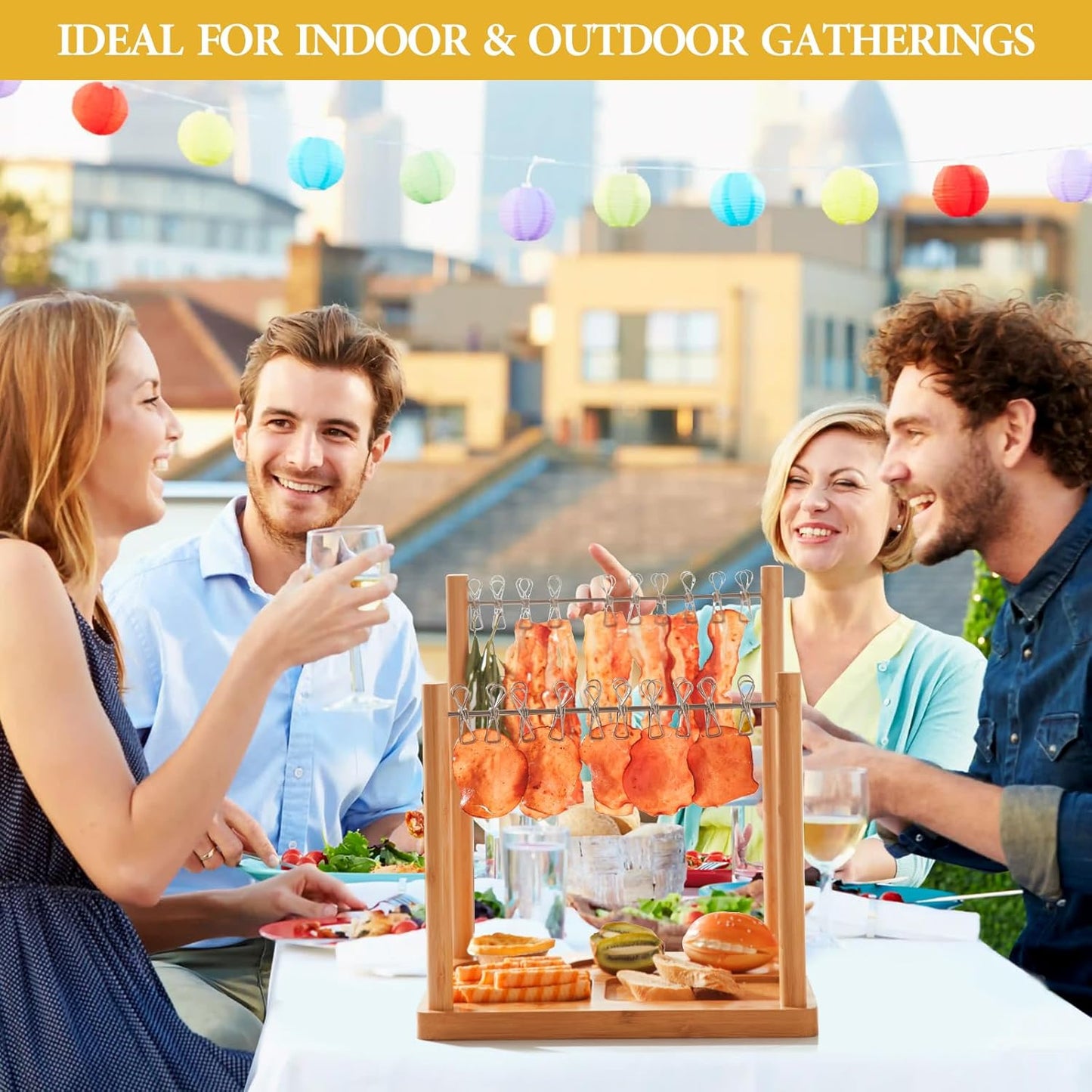 Bacon Display Rack with Clothesline Serving Tray, Patented Design Bacon Serving Dishes and Extra Double Hangers, Exquisite Holder for Housewarming, Home Party, or Wedding Gifts (Natural Bamboo)