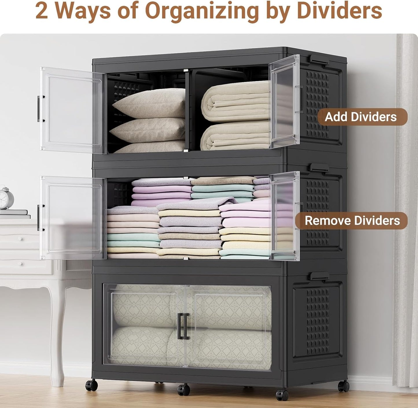 19.5" H 50Gal Plastic Storage Bin with Lid & Wheels,1Pack Extra Large Stackable Storage Bin with Divider,Closet Organizers and Storage Cabinet Shelves Collapsible Box for Home Kitchen,Black