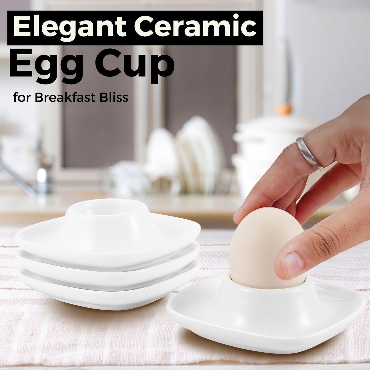 Flexzion Soft Boiled Egg Holder Set - Egg Cups for Soft Boiled Eggs British - Set of 6 Ceramic Egg Holder - Stackable Egg Coddler Cups with Base for Serving, Breakfast, Brunch, White