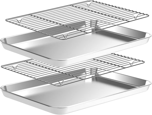 CEKEE Baking Sheet and Cooling Rack Set (2 Baking Pans + 2 Baking Racks), Stainless Steel Cookie Sheet Baking Pan Tray for Toaster Oven, Non Toxic & Heavy Duty & Easy Clean, Size 16 x 12 x 1 Inches