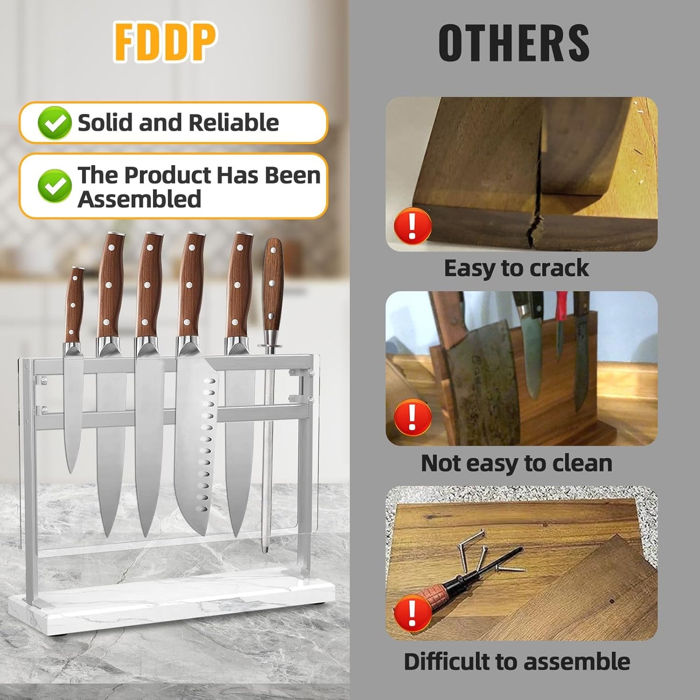 Magnetic Knife Stand Block with Marble Base, Double-sided Stainless Steel Magnets for Countertop with Acrylic Shield, Magnetic Knife Holder for Kitchen Storage, 12 IN, White