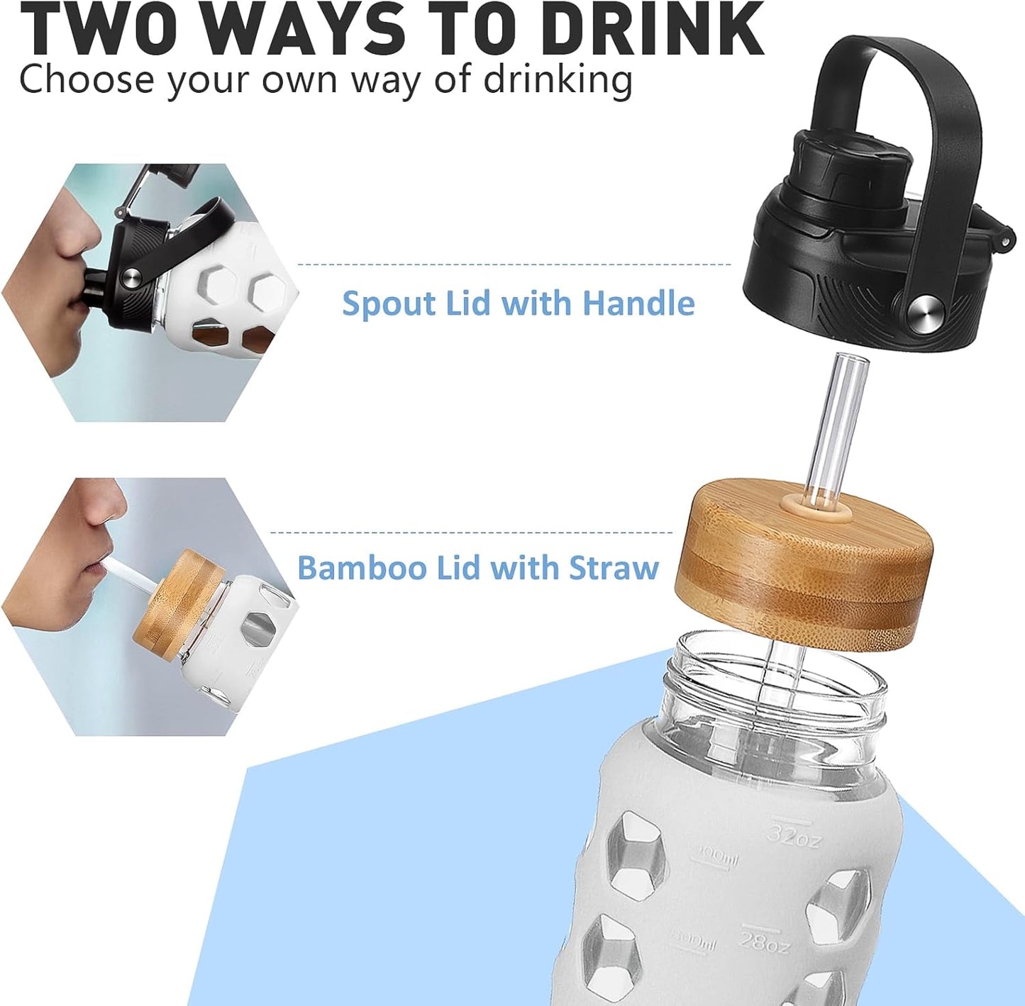 MUKOKO Glass Water Bottles, 24oz Glass Tumbler with Straw, Drinking Bottles with 2 Lids-Handle Spout Lid&Bamboo Straw Lid, Motivational Water Bottle with Time Marker and Silicone Sleeve, 1 Pack-White