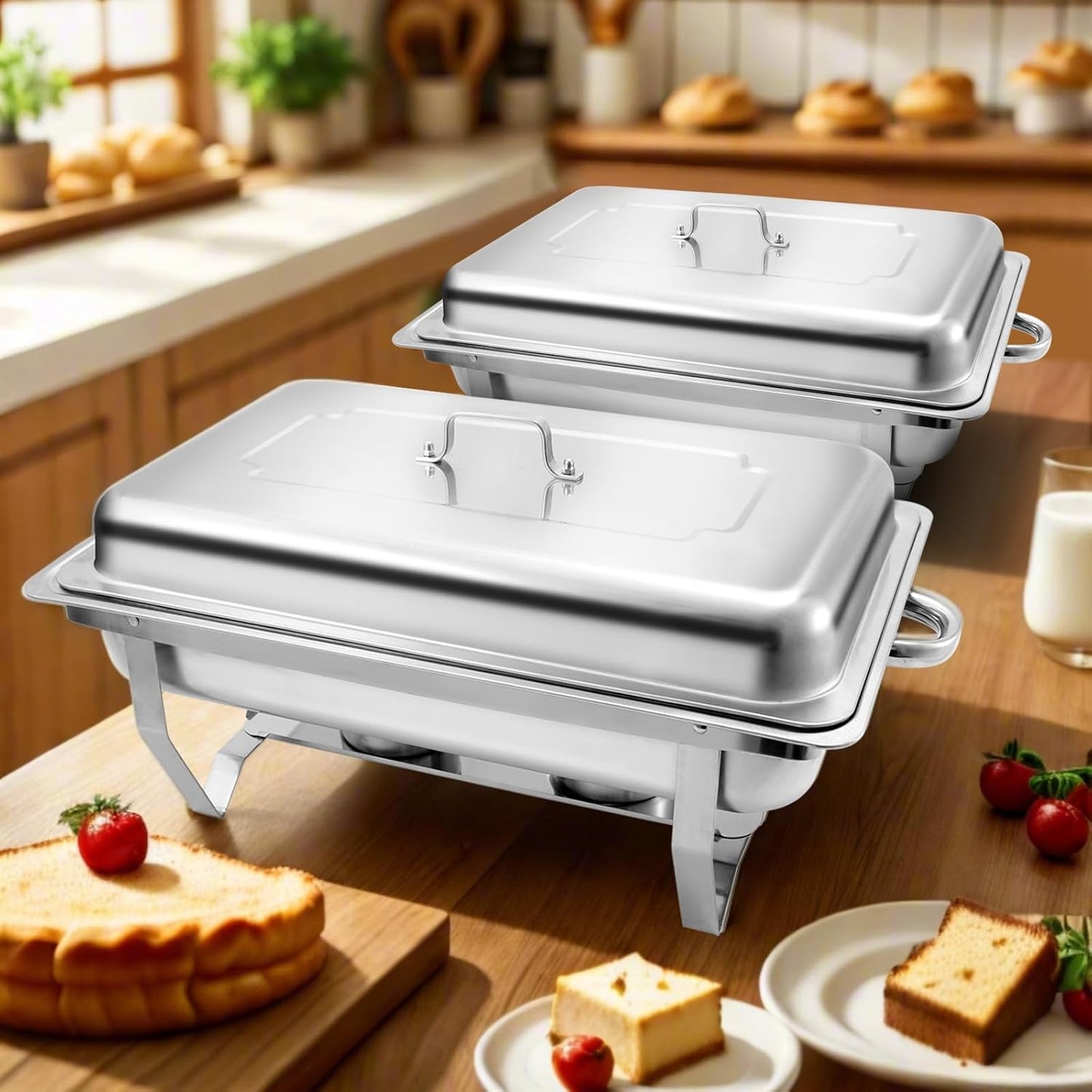 8 Qt 4 Pack Full Size Stainless Steel Chafing Dishes Buffet Set, Silver Rectangular Catering Chafer Warmer Set with Trays Pan Lid Folding Frame Stand for Kitchen Party Banquet Dining