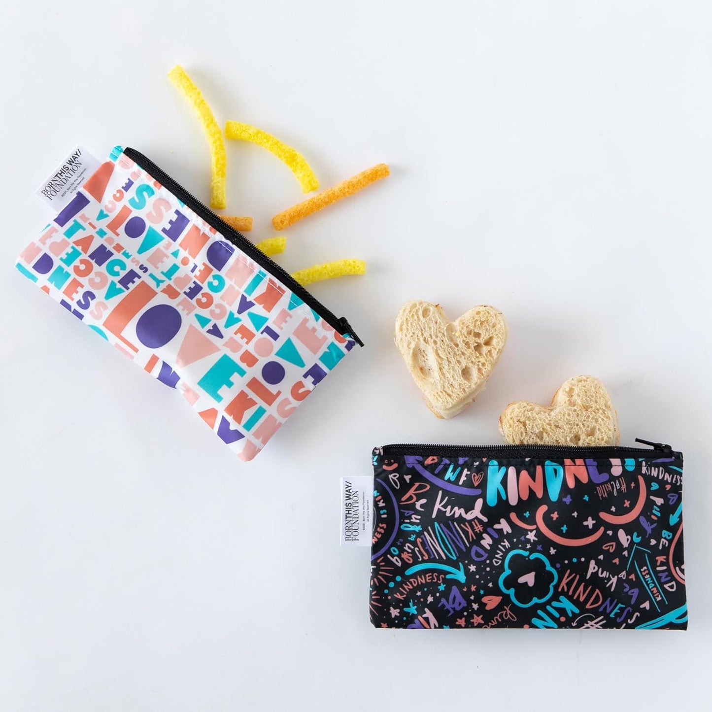 Bumkins - Cloth Snack & Sandwich Bags - For Storage, Travel, Food Prep, Lunch - Reusable, Water Resistant, Washable, Dishwasher Safe - Snack Bags for Kids - Zipper Closure - BTWF Kindness - 4 Pack