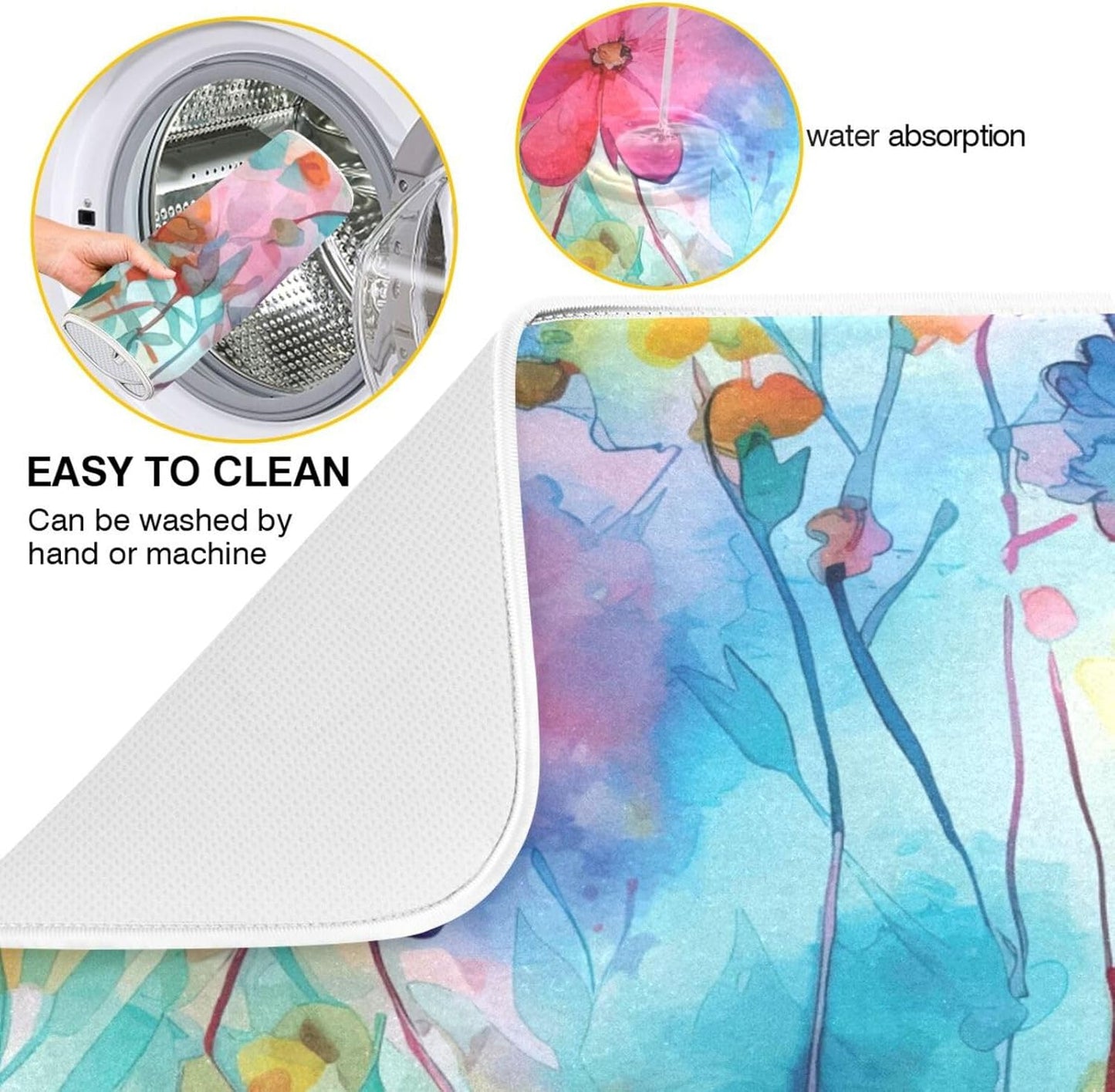 Colorful Beautiful Flowers Dish Drying Mat for Kitchen Counter Absorbent Microfiber Drying Pad, Large 18x24 in, Reversible Drainer Mats