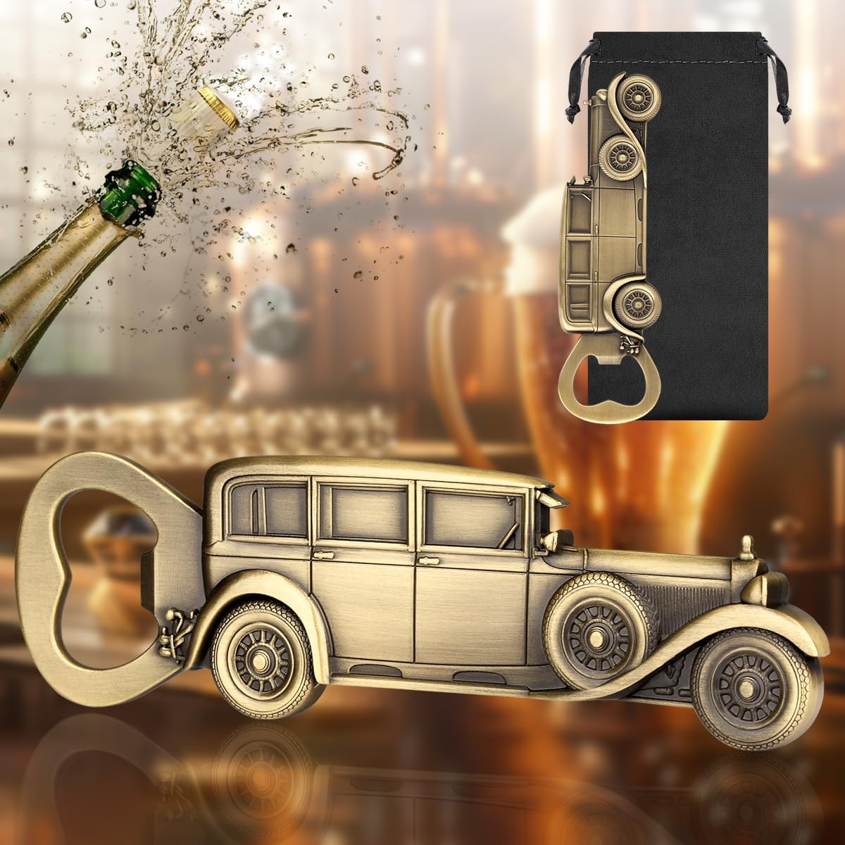 LKKCHER Car Bottle Opener, Classic Car Gifts for Men Him, Birthday Fathers Day Christmas Gifts for Men Dad Grandpa, Vintage Beer Accessories, Bronze with Gift Bag