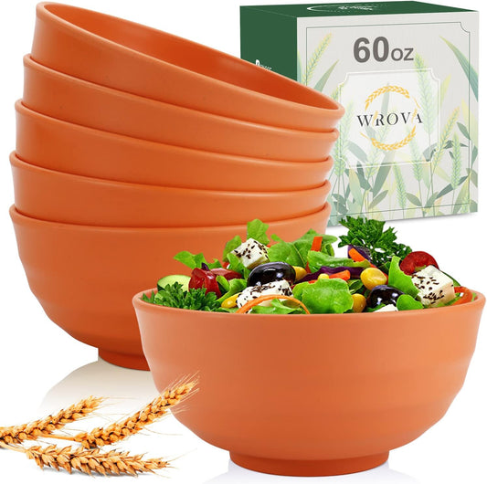 Wheat Straw Bowls Set 60 OZ Unbreakable Large Cereal Bowls Set of 6 Microwave and Dishwasher Safe Bowls Big Bowls for Eating BPA Free Soup Bowl for Serving Oatmeal and Salad Orange