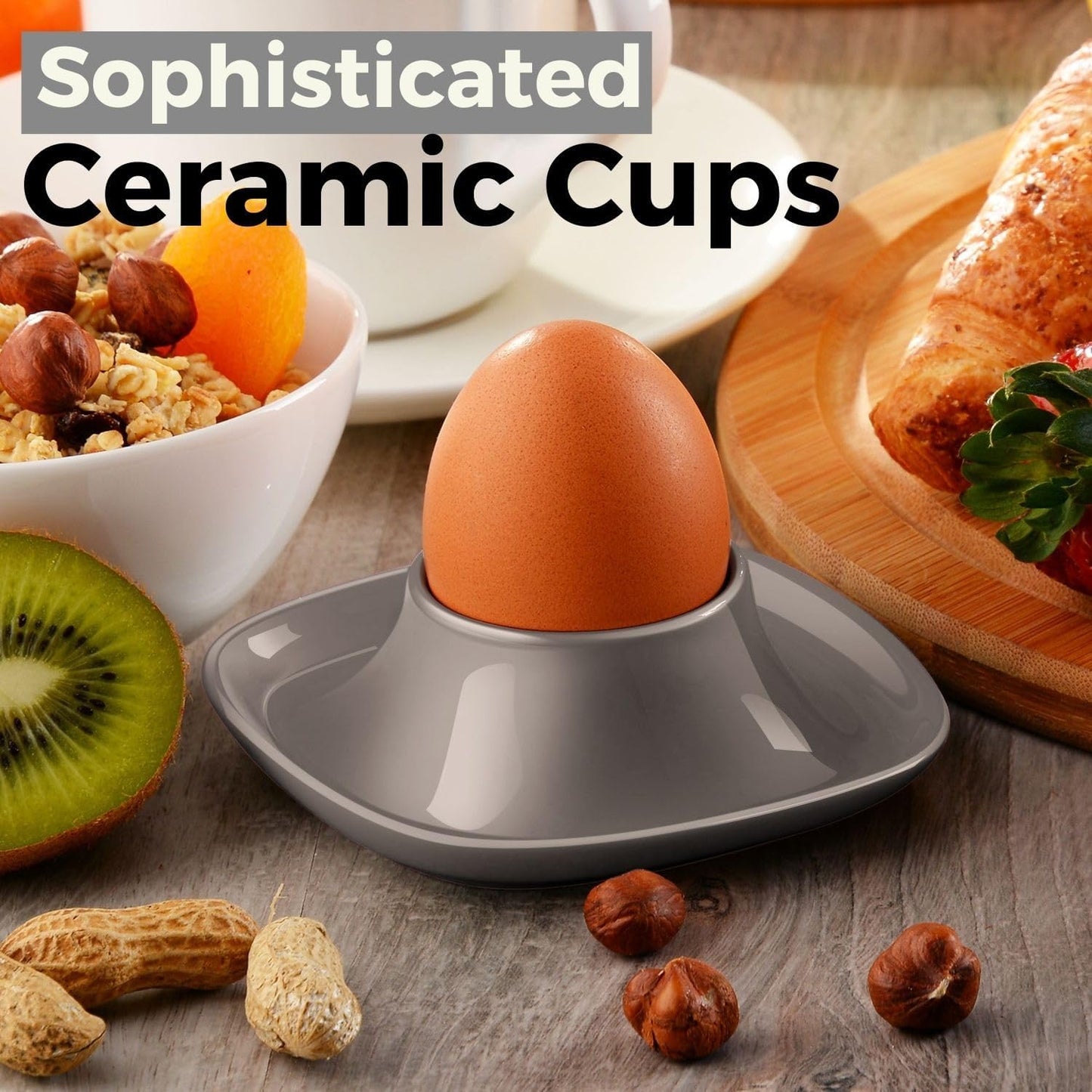 Flexzion Egg Cups for Soft Boiled Eggs - Set of 6 Ceramic Egg Holder - Stackable Egg Coddler Cups with Base for Serving, Breakfast, Brunch - Kitchen Table Decor, Gray