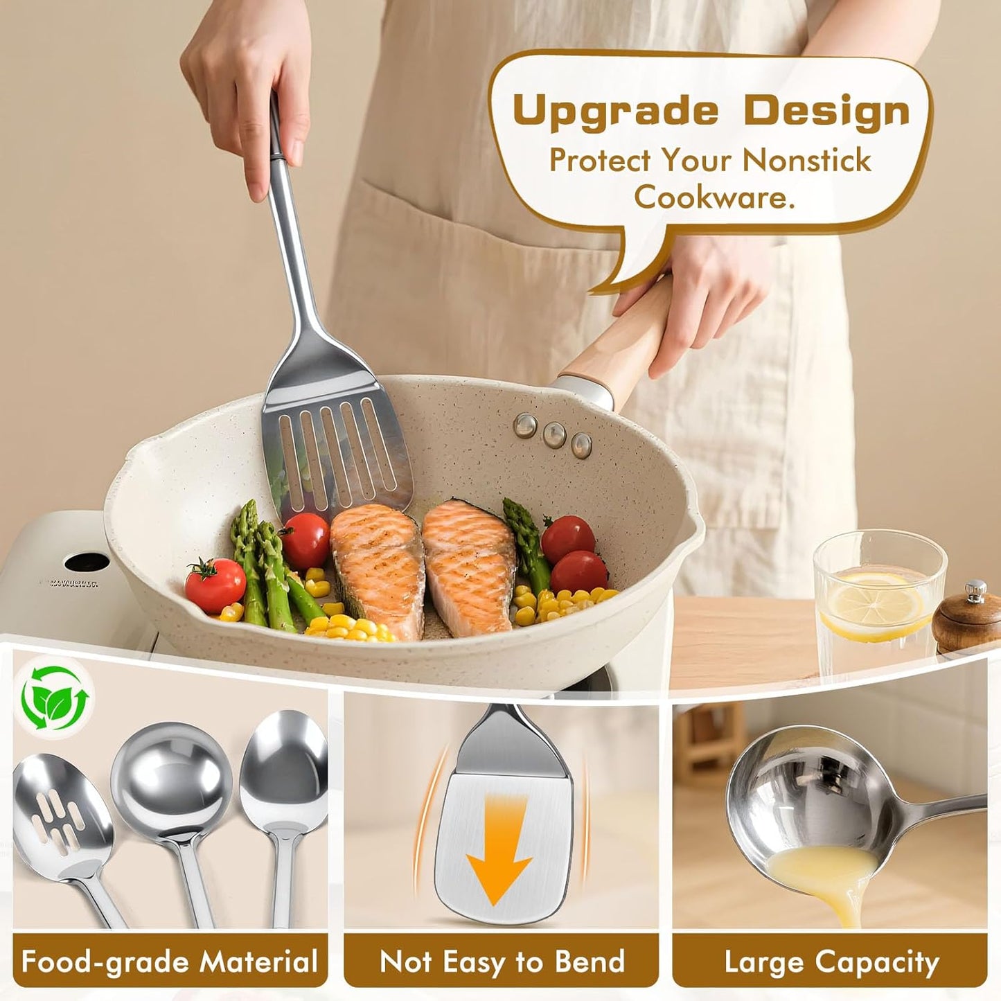 8 Pcs Cooking Utensils Set, Stainless Steel Kitchen Utensils, Heat Resistant Metal Kitchen Tools Include Solid & Slotted Spatula, Serving Spoon, Ladle, Pasta Server,Potato Maseher, Egg Whisk, Silver