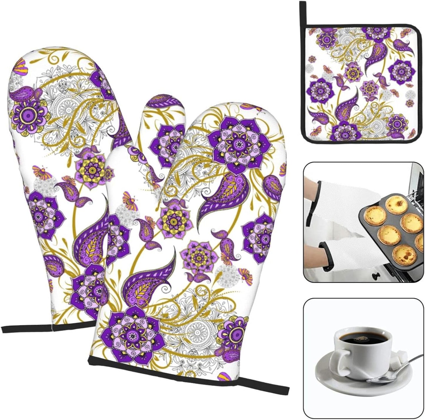 Purple Flower Oven Mitts and Pot Holders Sets of 3 Kitchen Decor Heat Resistant Hot Pads Boho Floral Oven Gloves for Cooking Grilling Baking