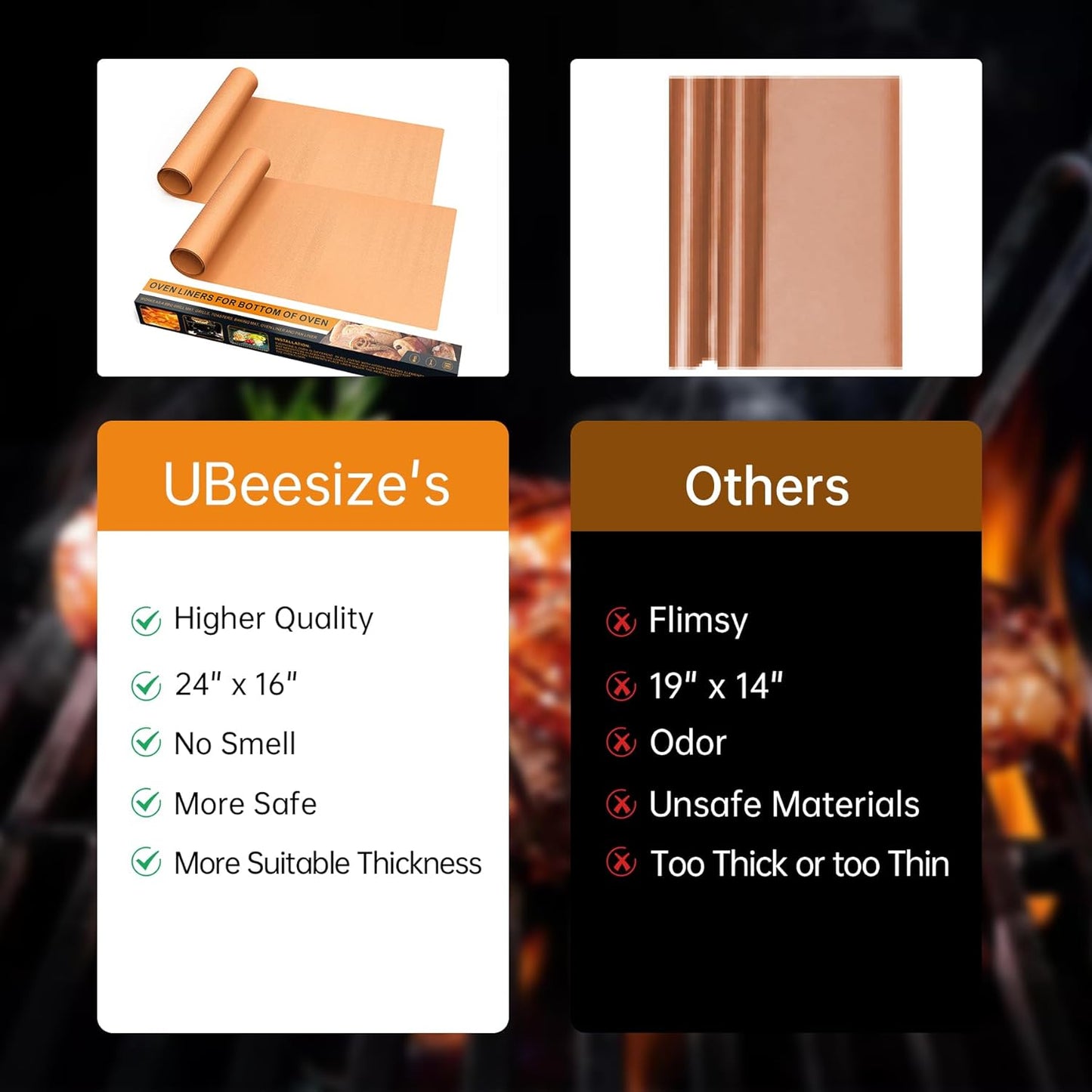 UBeesize 4 Pack Thickened Copper Oven Liners for Bottom of Oven BPA & PFOA Free, Reusable 16x24 Inch Heavy Duty Non Stick Teflon Oven Mats, Fit Electric Gas Toaster Convection Microwave Ovens Grills