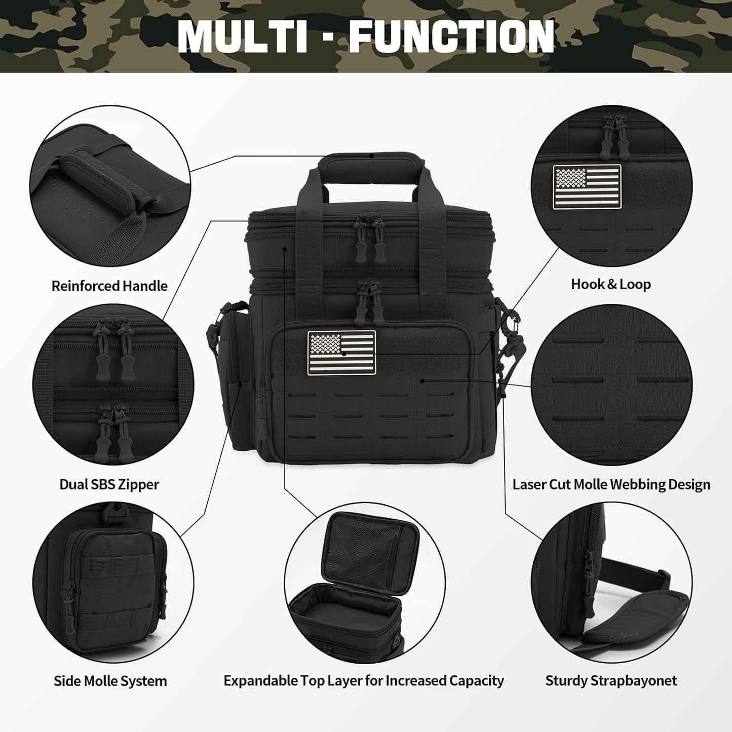 QT&QY Tactical Lunch Box for Men Expandable 18L Heavy Duty Military Insulated Cooler Bag, Leakproof Thermal Lunch Bag for Work Camping Outdoor Picnic Pail Adult Meal MOLLE Webbing Black