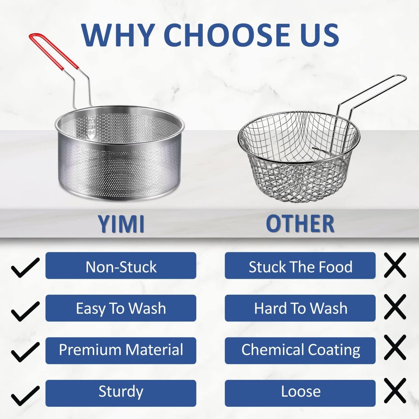 Deep Fryer Basket Only, 7''x4'' Colander with Silicone Handle,Round Stainless Steel Fry Baskets, Heat Resistant for Frying French Fries Cooking Noodles Vegetables, Ideal for Gift, 2.3-Quart