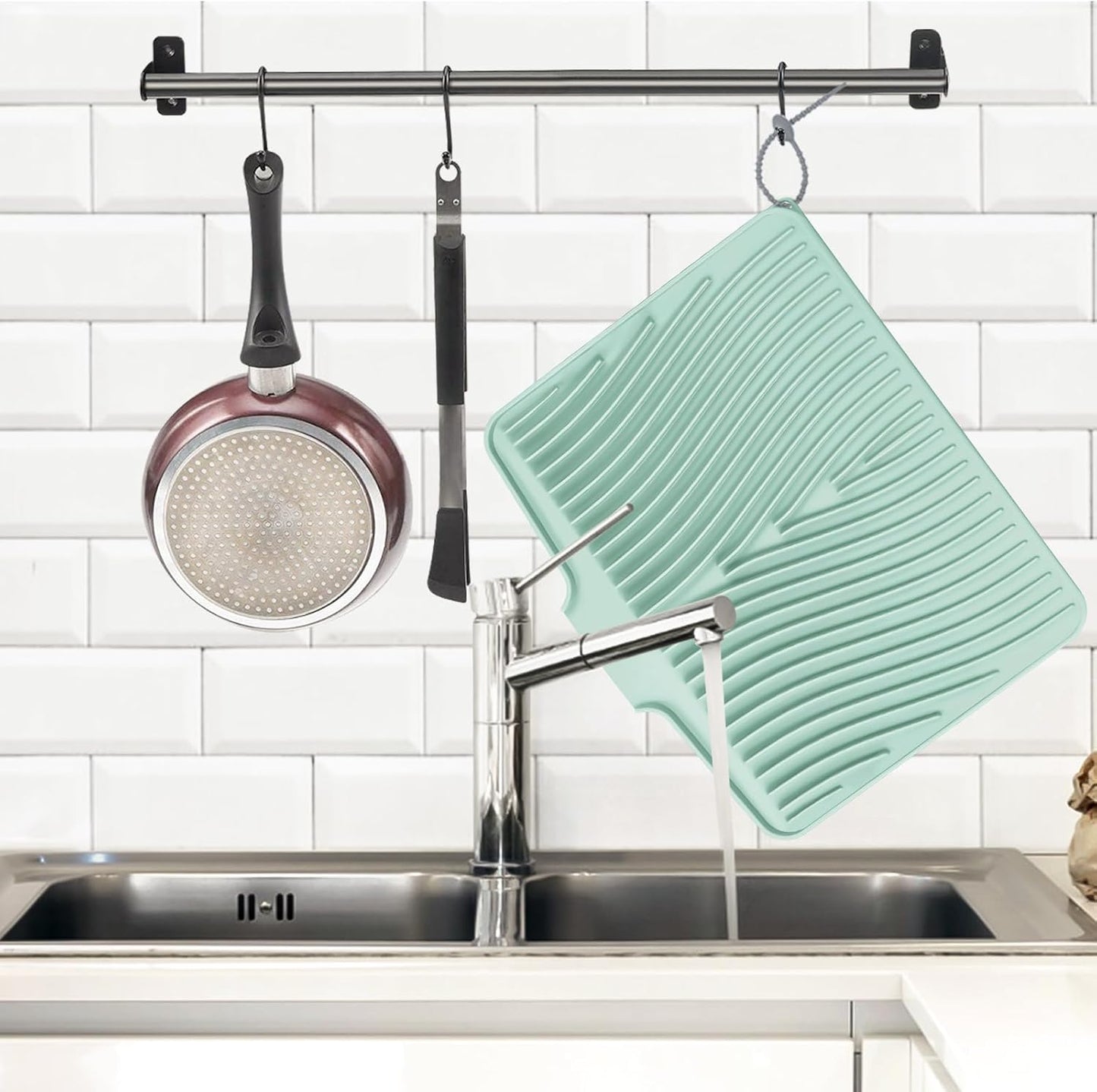 Dish Drying Mat, Stone Drying Mat for Kitchen Counter with Built-in Drain, Non-Slip Drying Matt Kitchen Counter, Heat Resistant Silicone Drying Mat, Dish Drying Pad, 2 Pcs (Mint 19.7" x 17")