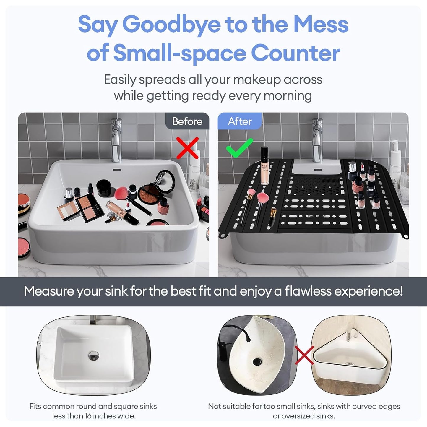 IeBilif Sink Cover for Counter Space, Foldable Bathroom Sink Covers, Makeup Organizer Mat Space Saver with Hanging Loop, Silicone Makeup Brush Cleaner Mat for Bathroom(Black)