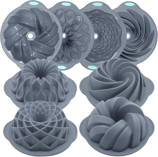 Tongjude 4 Pieces Silicone Fluted Cake Pans, 6/7/8 Cups Tube Baking Pan, Non-Stick Kitchen Oven Baking Pans, Silicone Molds for Homemade Cake, Bread and Jello, Grey
