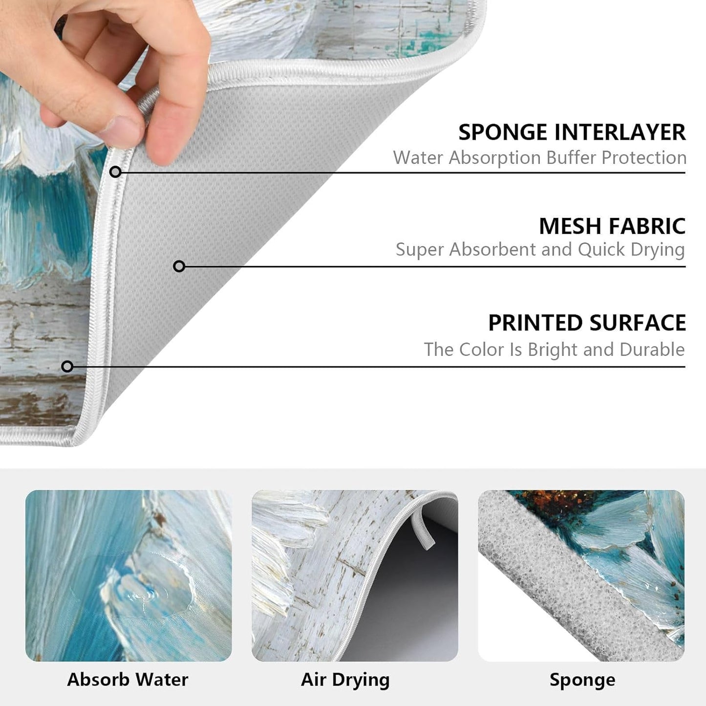 Rustic Teal White Daisy on Vintage Wooden Dish Drying Mat for Kitchen Counter Absorbent Microfiber Small Drying Pad Dish mats for Kitchen Countertops 16 x 18 Inch