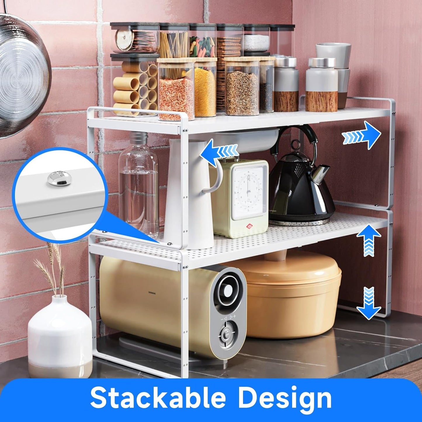 Expandable Cabinet Shelf Organizers, Kitchen Small Stand Rack Organization for Countertop Cupborad Pantry, White 1 Pack