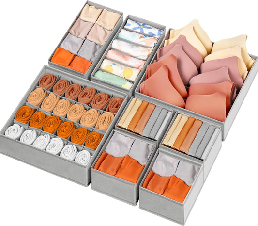 Drawer Organizer Clothes, 8 Pack Dresser Organizer Bins for Baby Clothes, Underwear Sock, Fabric Closet Organization and Storage Dividers for Nursery Bedroom (48 Compartments, Grey)