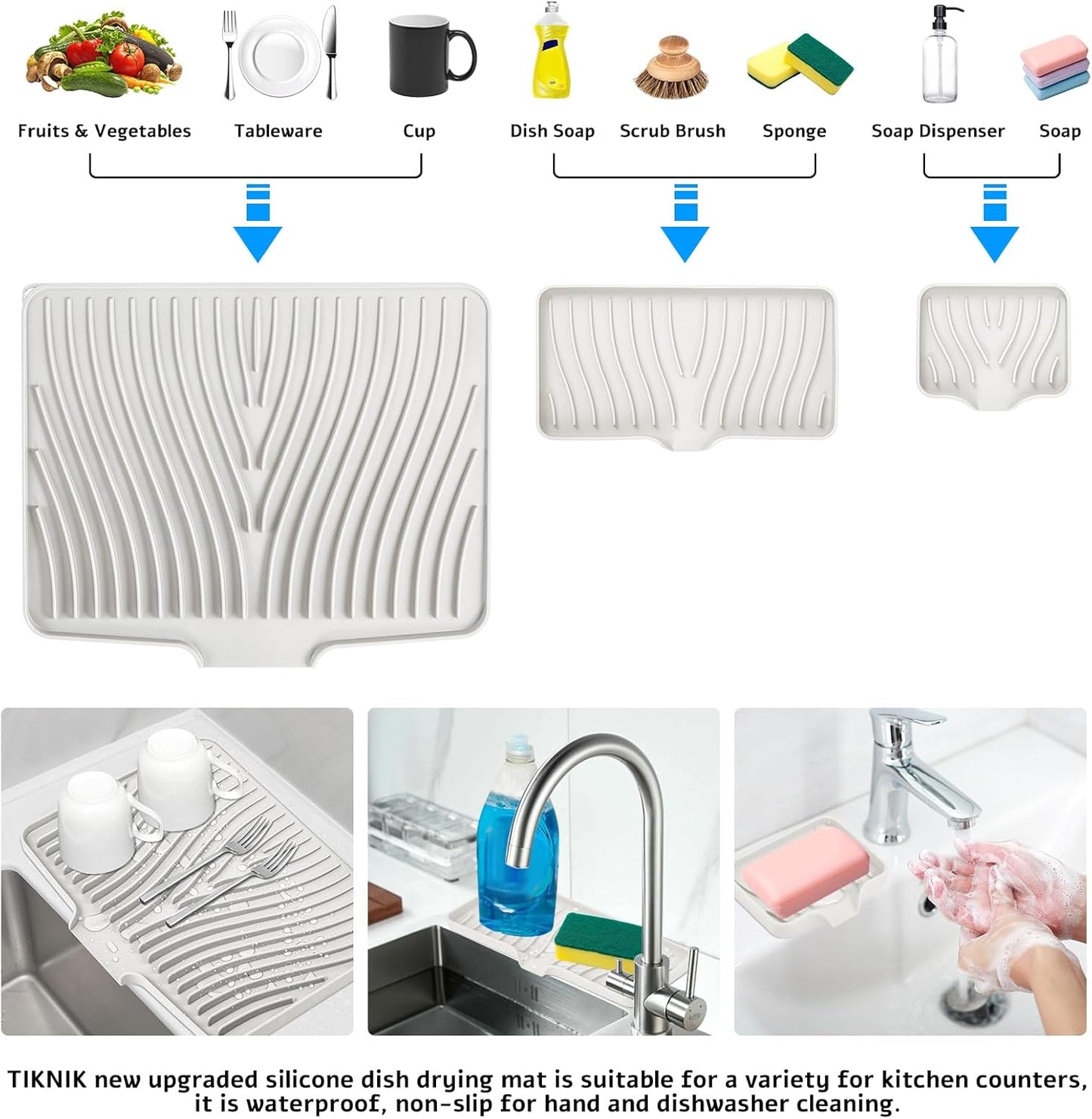 Silicone Dish Drying Mat for Kitchen Counter, Dish Drying Pad, Non-Slip Drain Pad with Built-in Drain, Heat Resistant Stone Drying Mat, 3 pcs (Cream)