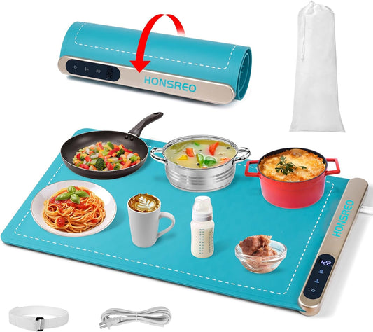 Electric Warming Tray, Silicone Heating Mat with 6 Temperature Modes and 6 Timer Settings Auto Shut-Off, Portable Foldable Roll Up Food Warmer Pad for Parties Gatherings, Home Everyday Use