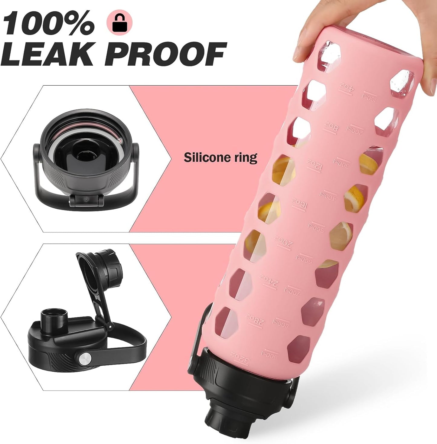 MUKOKO Glass Water Bottles, 32oz Glass Tumbler with Straw, Drinking Bottles with 2 Lids-Handle Spout Lid&Bamboo Straw Lid, Motivational Water Bottle with Time Marker and Silicone Sleeve, 1 Pack-Pink