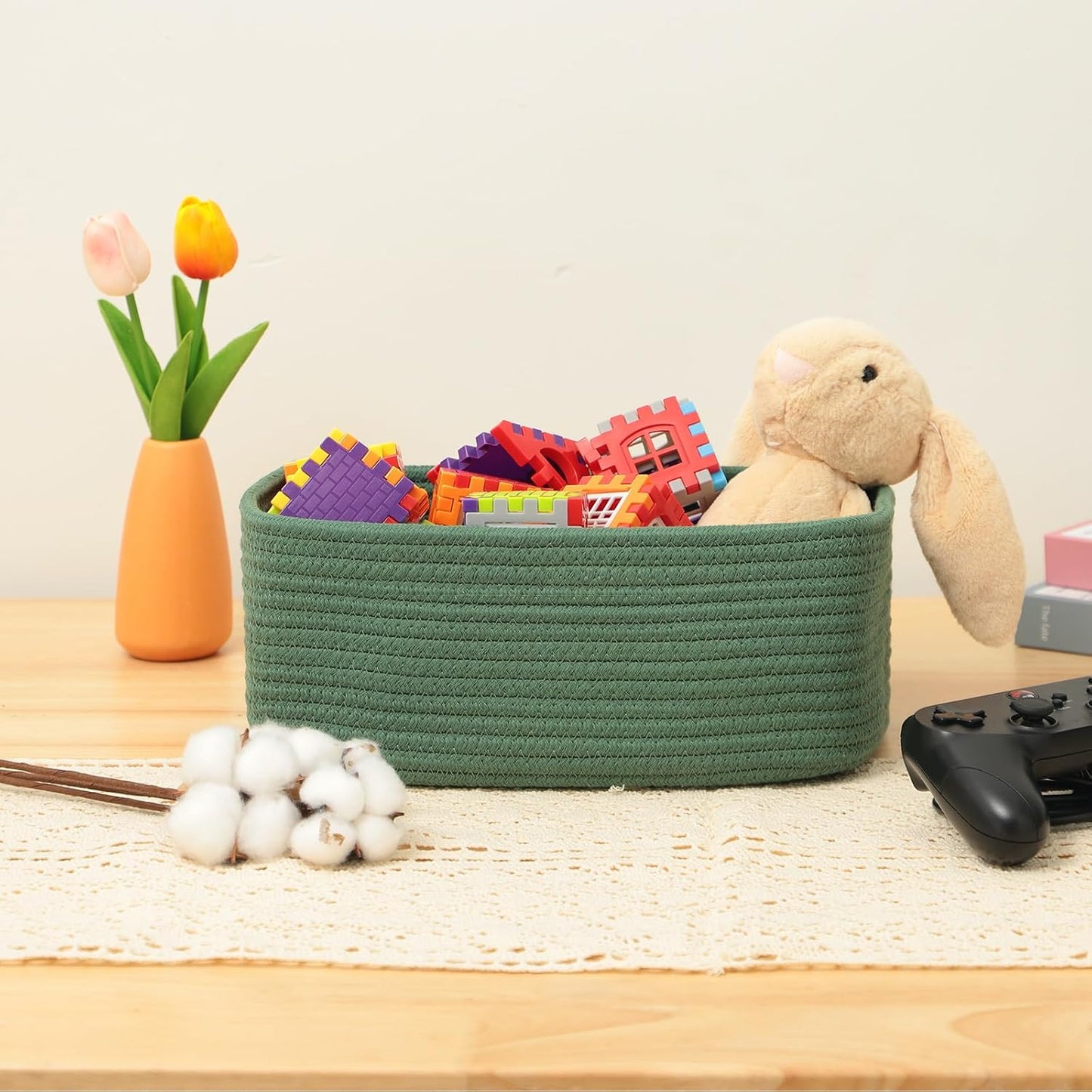 Small Storage Baskets for Organizing | Closet Organizer Bins | Shelf Toy Basket | Woven Rope Baskets | Cube Decorative Box | Shallow Basket | 11.5x7.5x4.7” | 3 Packs Green