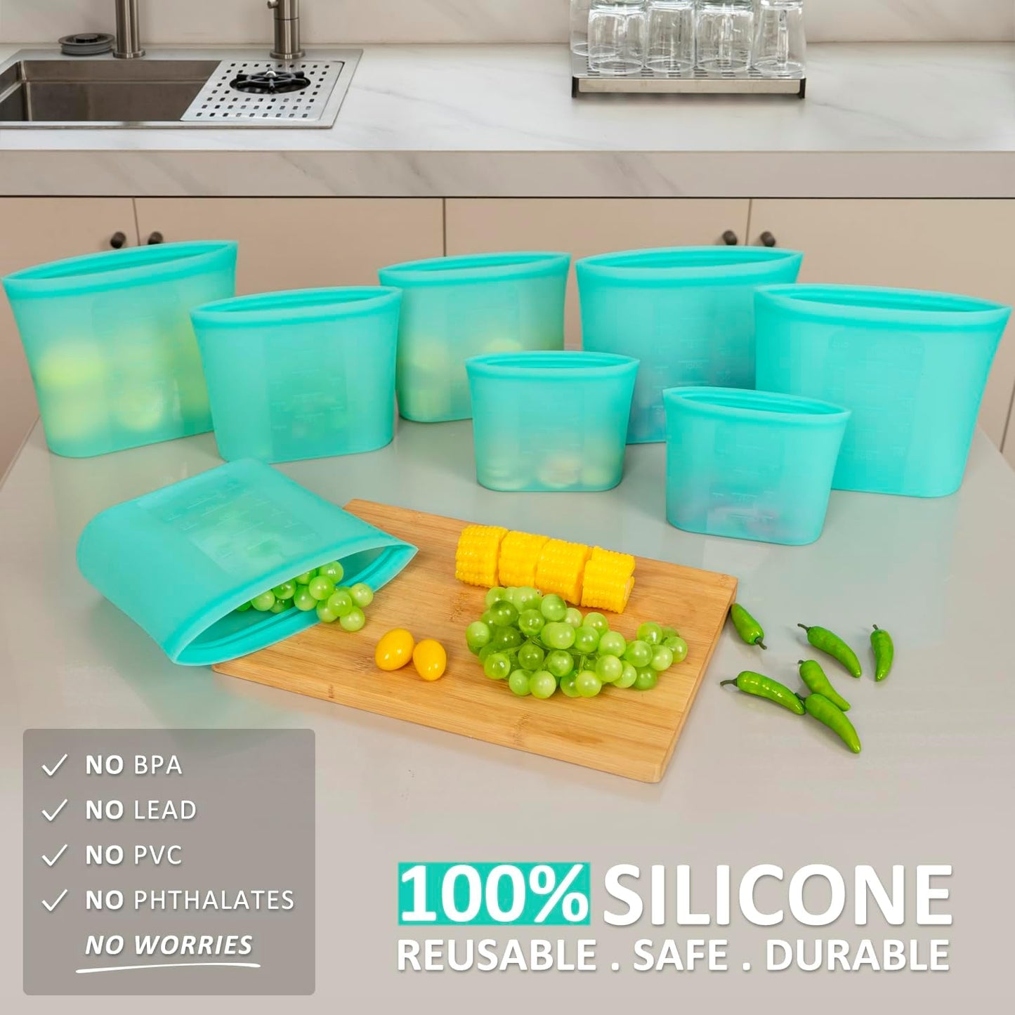 Reusable Food Bags, 8 Pack 100% Silicone Food Storage Bags Stand Up Zip Lock Container, Freezer Microwave Oven Dishwasher Safe, 4 Medium 2 Small 2 Extra Small, Aqua