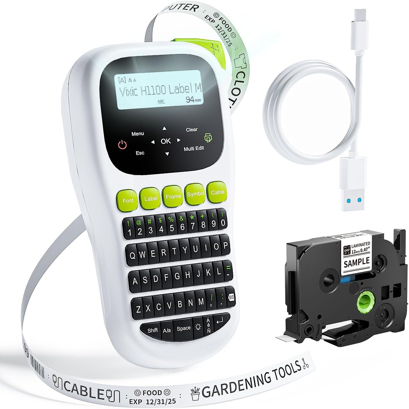 Label Maker Machine with-Tape, H1100 Handheld Label Maker Portable Labeler with Backlight Screen Keyboard for Home School Office Organization, Multiple Fonts Symbols Borders Easy to Use Inkless