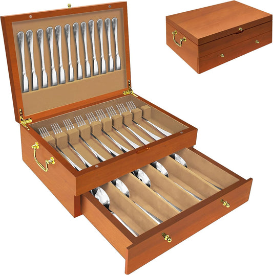Silverware Storage Box Solid Wood with Lid, 2 Layer Silverware Storage Chest, 15.5'' ×11.5'' Silverware Organizer with Handle and Felt Lined, Chest for Flatware Setting Up 30