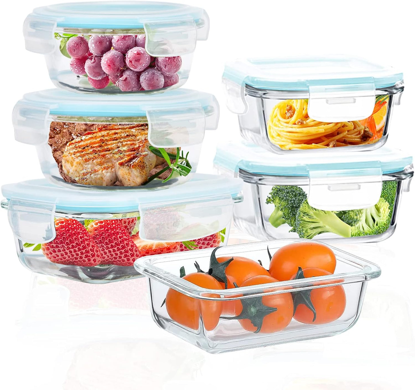 Glass Food Storage Containers with Lids Airtight 6 Pack, Glass Storage Containers with Lids for Food, Not Easy Broken & Leak Proof, Oven/Dishwasher Safe, Blue