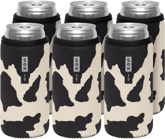 Sok It CanSok 6 Pack Sleeve for Beer & Soda Insulated Neoprene Cover (Cow Print, 12oz Slim Can Sleeve - 6 Pack)