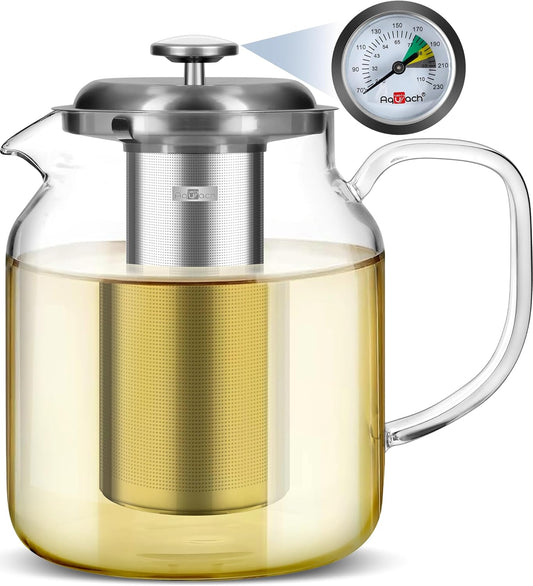 Aquach 68oz Glass Teapot with Built-in Thermometer, Stovetop & Dishwasher Safe, Borosilicate Carafe and Stainless Steel Removable Infuser