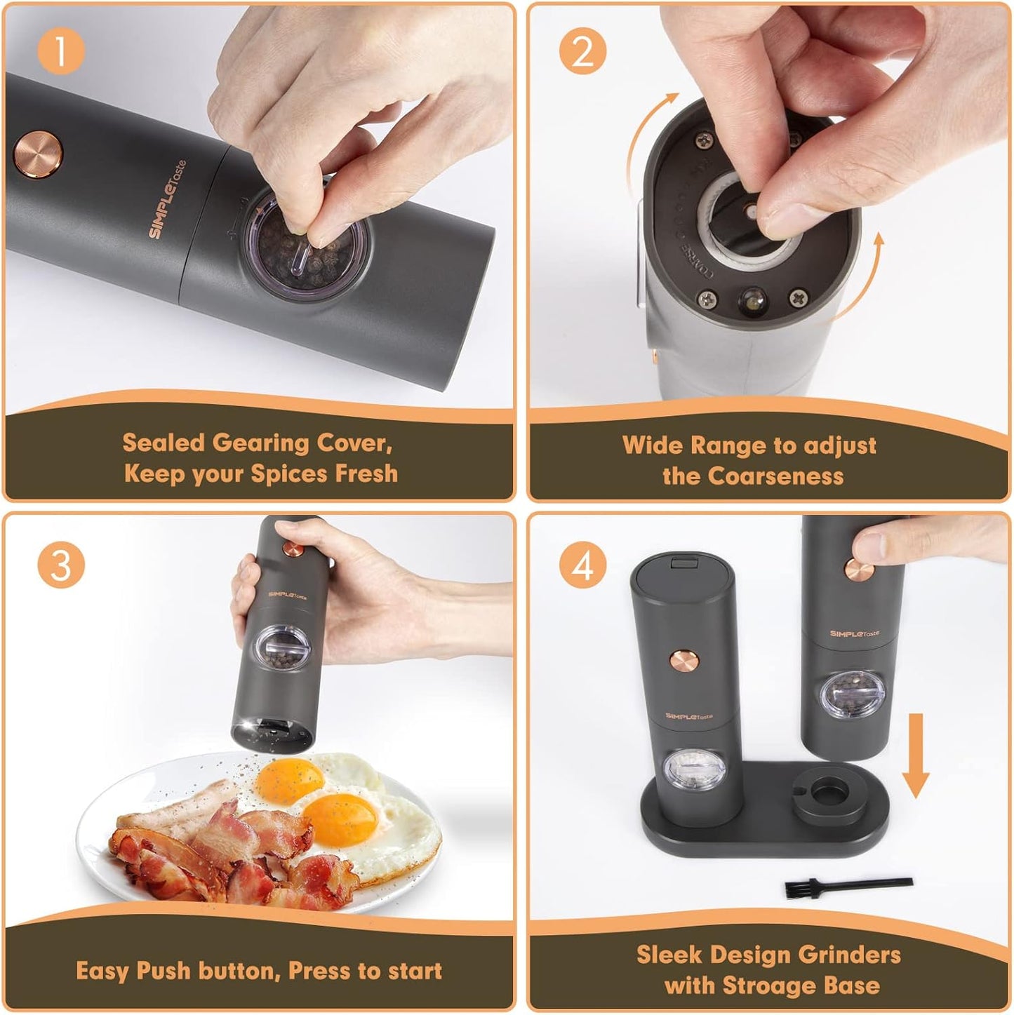 SIMPLETASTE Electric Salt and Pepper Grinder Set, One-Handed, Battery Powered, Adjustable Coarseness, LED Light, Pepper mills with stand, Seasoning Tools for Kitchen, Dining or Gifting