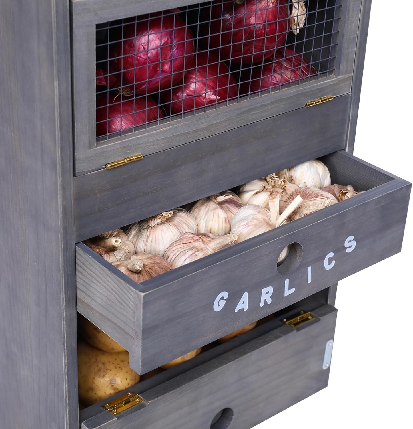 ARTAWEIN Potato Storage Bin Wall-mountable Potato Box with Lid Rustic and Garlic Drawer Onion Organizer with Grocery Section Decorative Vegetable Organization Cabinet for Kitchen