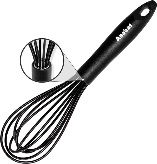 Anaeat 8.5" Silicone Balloon Whisk, Perfect for Non-Stick Cookware, Milk and Egg Beater Blender, Heat Resistant Kitchen Whisks for Whisking, Cooking, Baking, Beating, Frothing & Stirring (Black)