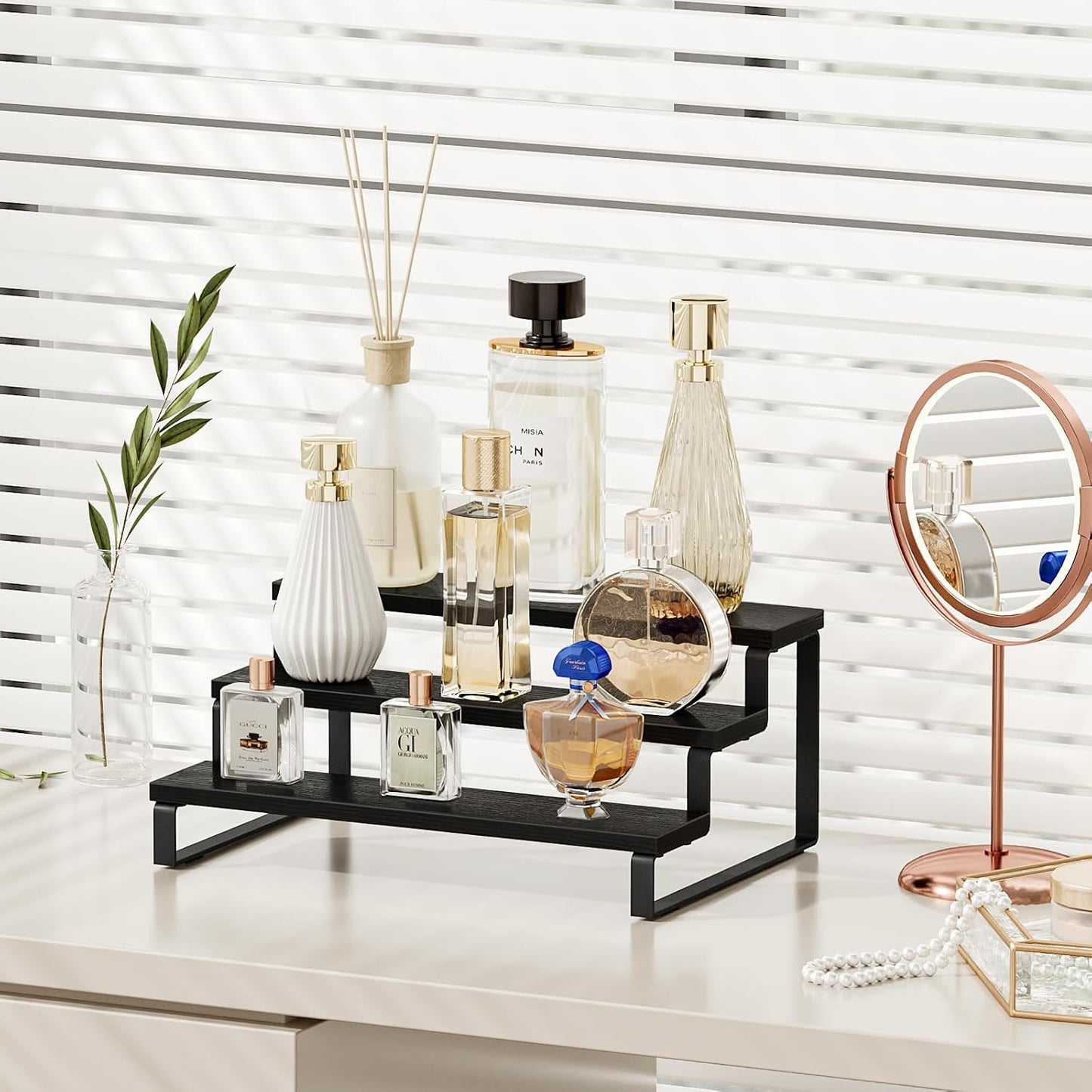 Giikin 3 Tier Spice Rack, Cabinet Organizer Shelf, Wooden Spice Rack for Countertop, Kitchen Counter Storage Shelves Cupcake Stand Holder Display Stand, Black