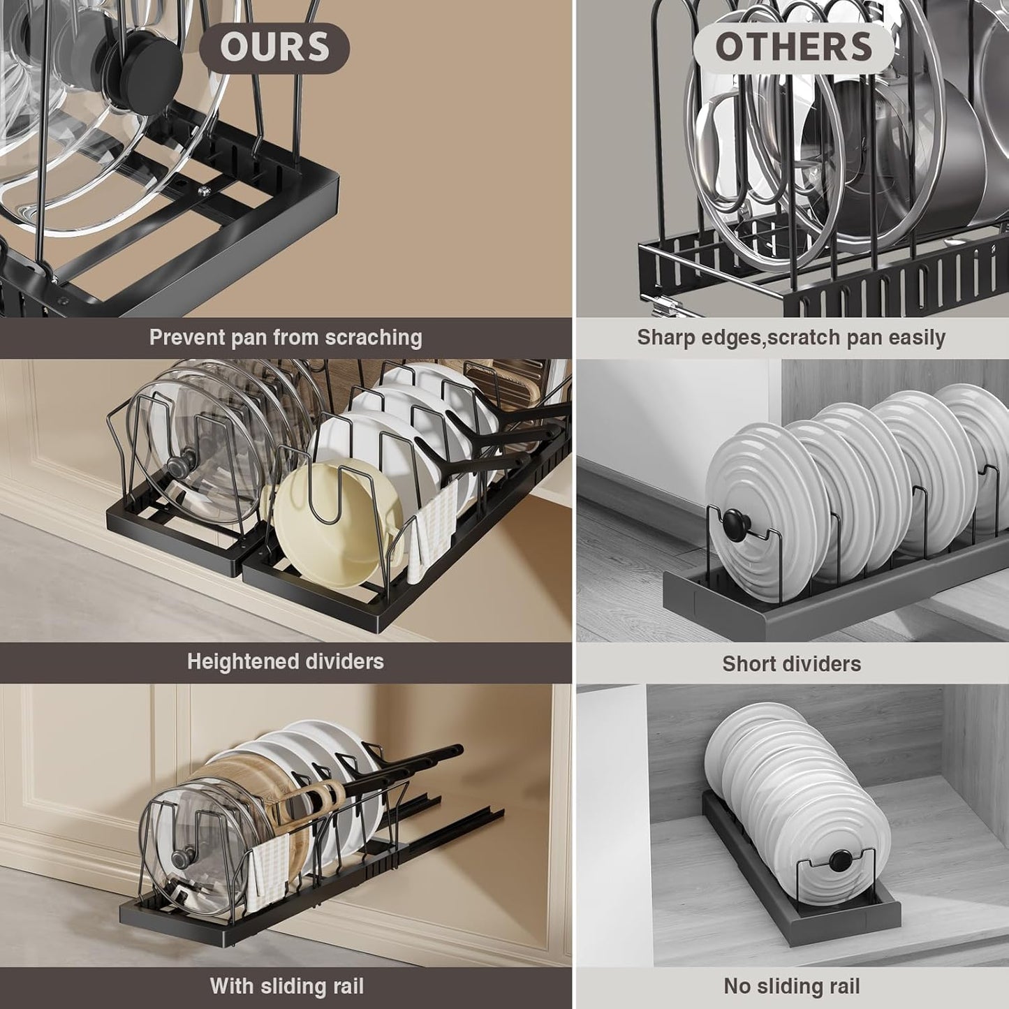 2 Pack Pots and Pans Organizer Under Cabinet, 22" Deep Expandable Pull Out Pot Lid Organizer and Storage with 10 Adjustable Dividers No Drill Pot and Pan Holder Rack with Handle Bracket(Black)